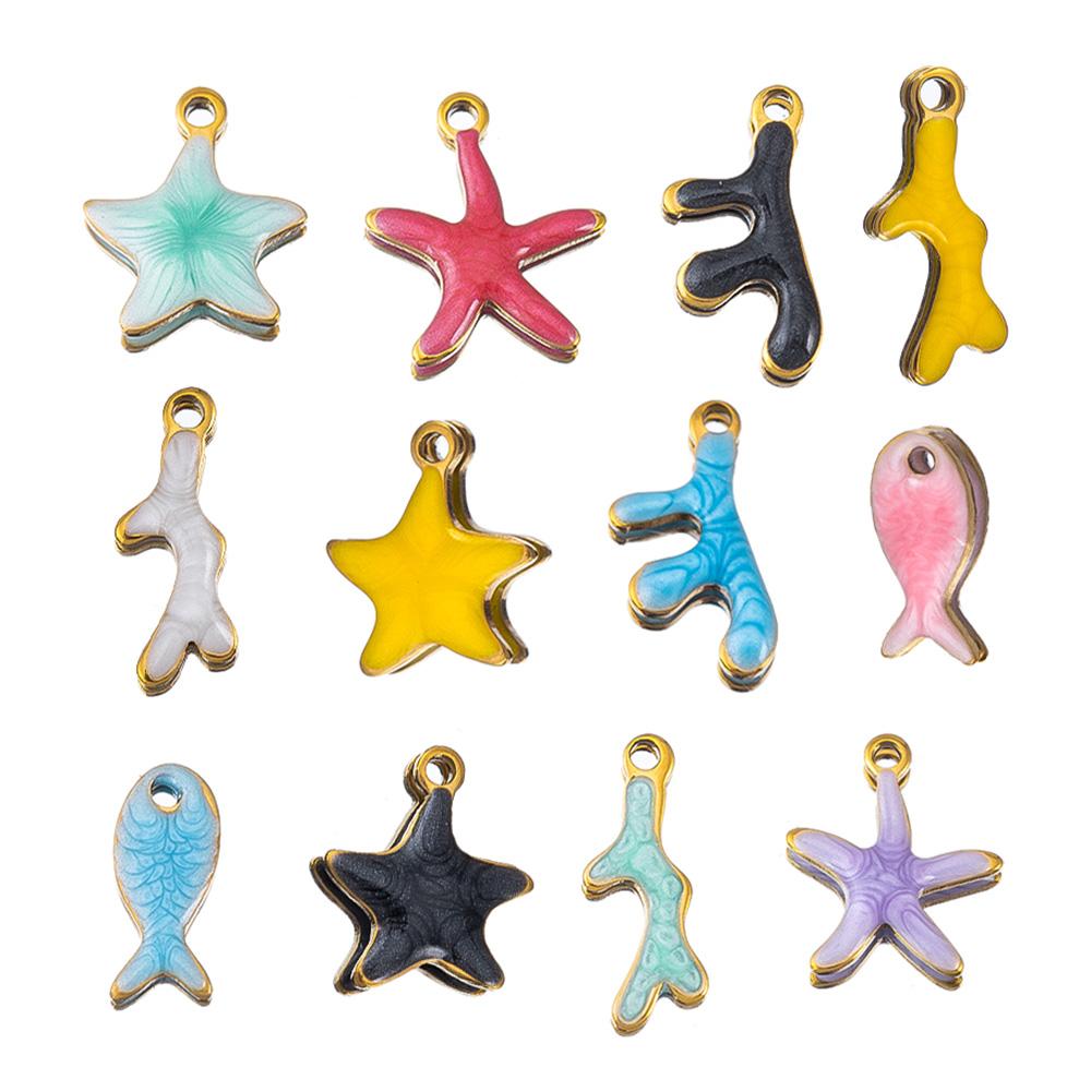 10pcs New Stainless Steel Colorful Marine Coral Starfish Fish Seaweed Charm Necklace Earring Pendant Base for DIY Jewelry Making