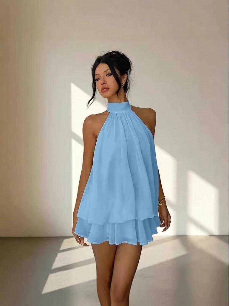 Cross-Border Women's Sexy Backless Halter Top & Fluffy Short Skirt Dress