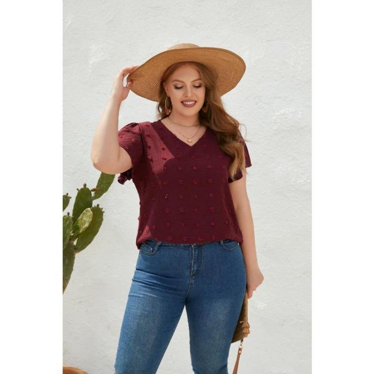Plus Size Summer Casual V Neck Short Sleeve Tshirt Top Women