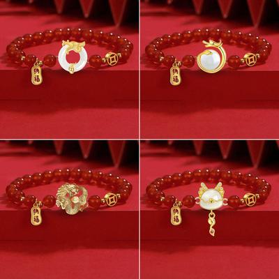 Pulsera de dragón chino para mujer, colgante de cuentas de buena suerte, pulsera elástica, regalo de Año Nuevo, 2024