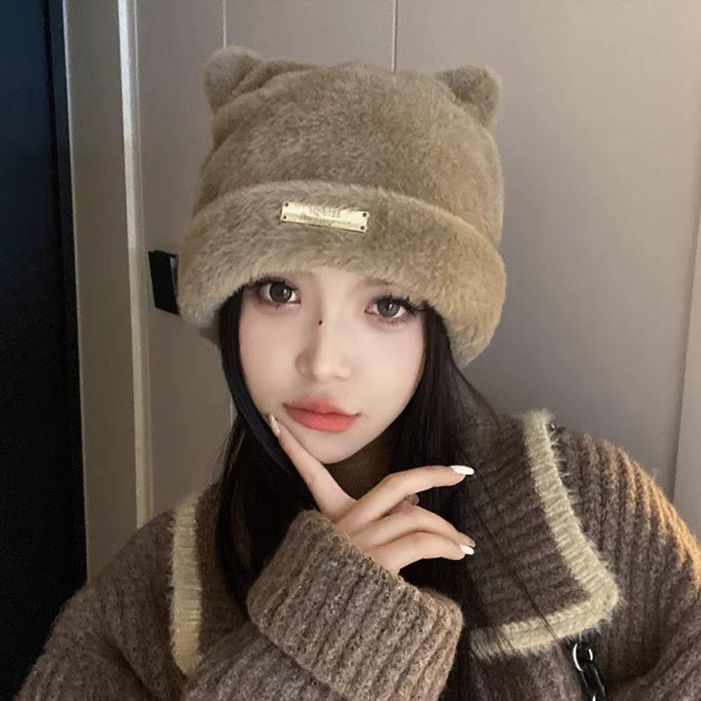 Bear Ears Knitted Cap Imitation Mink Wool Winter Plush Hat Cute Cat Ears Hat  Warm