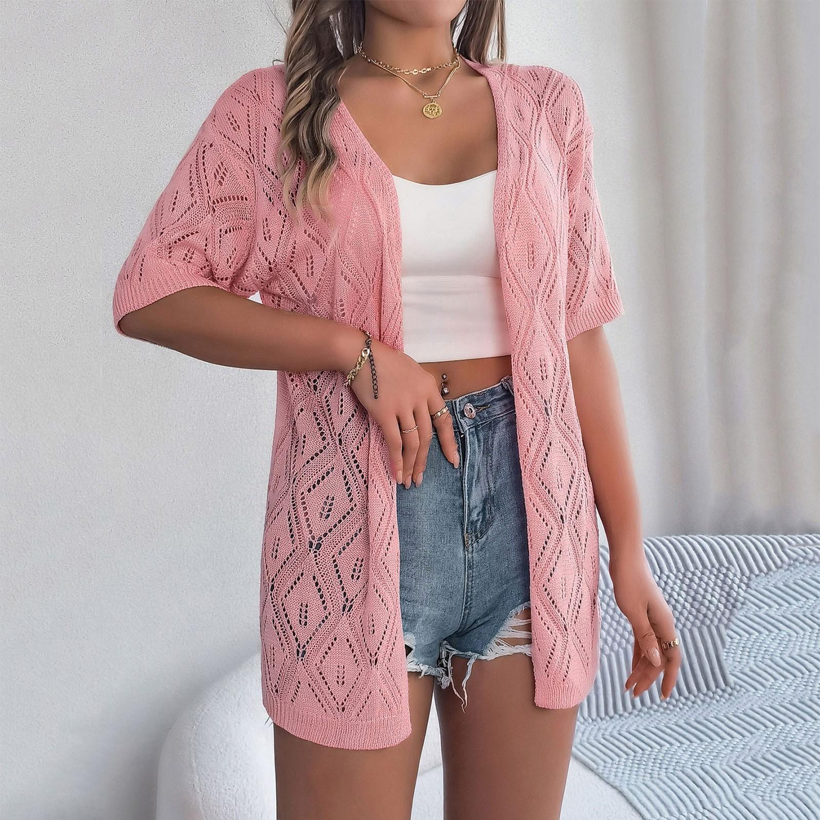 

Женский модный однотонный вязаный кардиган с короткими рукавами и открытой рубашкой от солнца S розовый