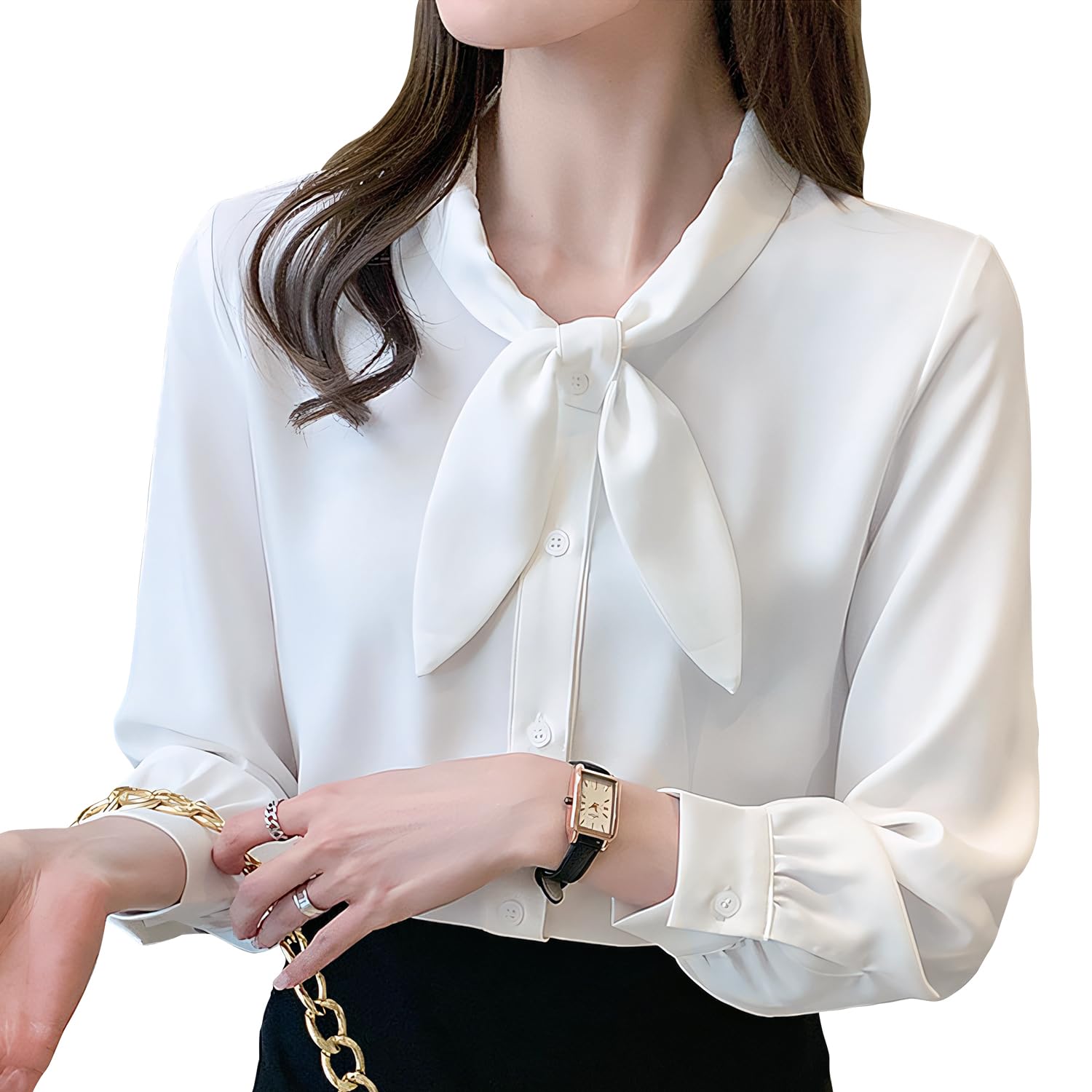 

[SYitong] Women s Long-Sleeved Blouse, Stylish, White & Blue, Office Wear, Commuting, Relaxed Fit, Solid Color, Spring/Summer, Plus Sizes, Ribbon Blou