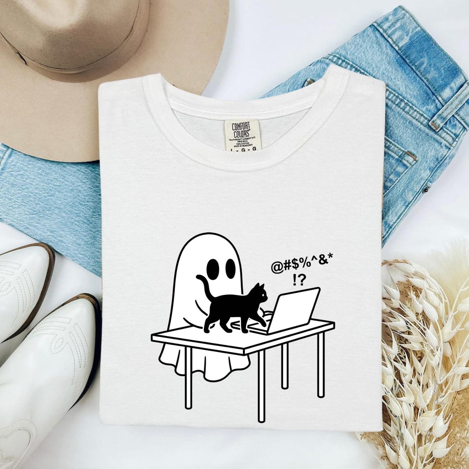 Phantom Feline Laptop Shirt Cat Fall Gift Women Animated Tee Ghost Cat T-Shirt Cat Fan Cartoon Tshirt Autumn Graphic Clean Workspace Tshirt M