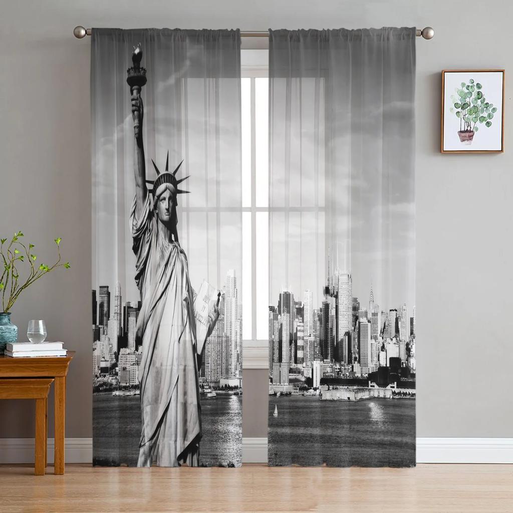 Statue Of Liberty Black White Tulle Window Curtains Living Room Organza Sheer Voile Curtain Bedroom Kitchen Home Decor Drape