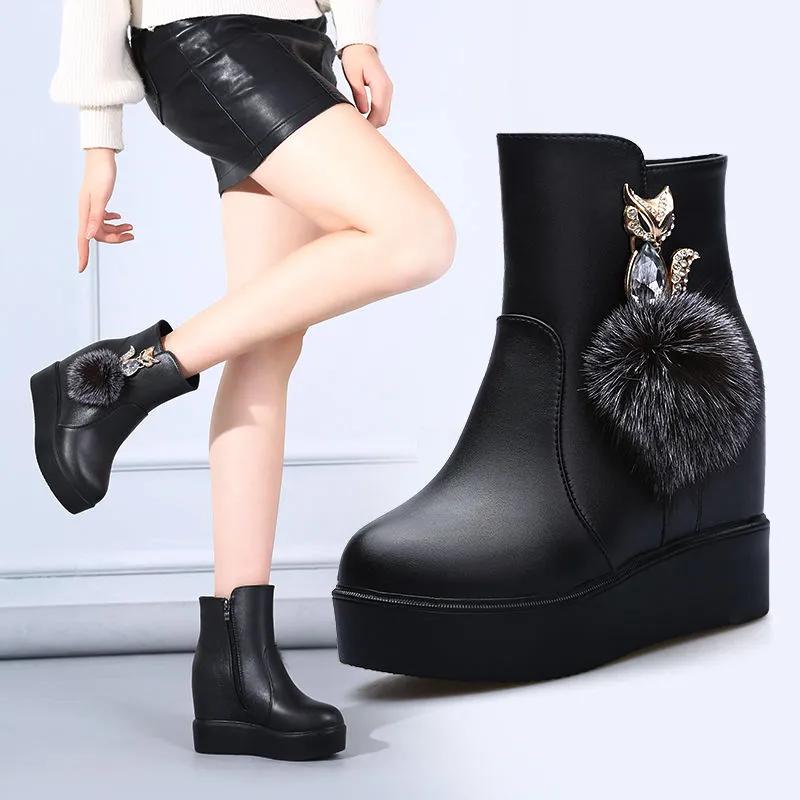 Inner Heightening Short Boots Women's Winter Leather Plus Velvet Thick-heeled Thick-soled Cotton Boots Women's Snow Boots High-top Shoes