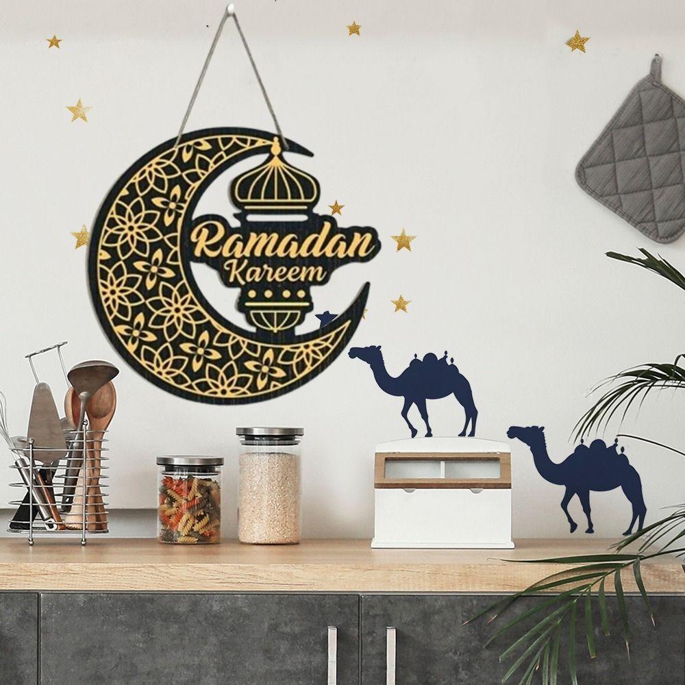 Round Plaque Eid Mubarak Wall Pendant Black Gold Wooden Moon Star Pendant Ramadan Gift  Living Room