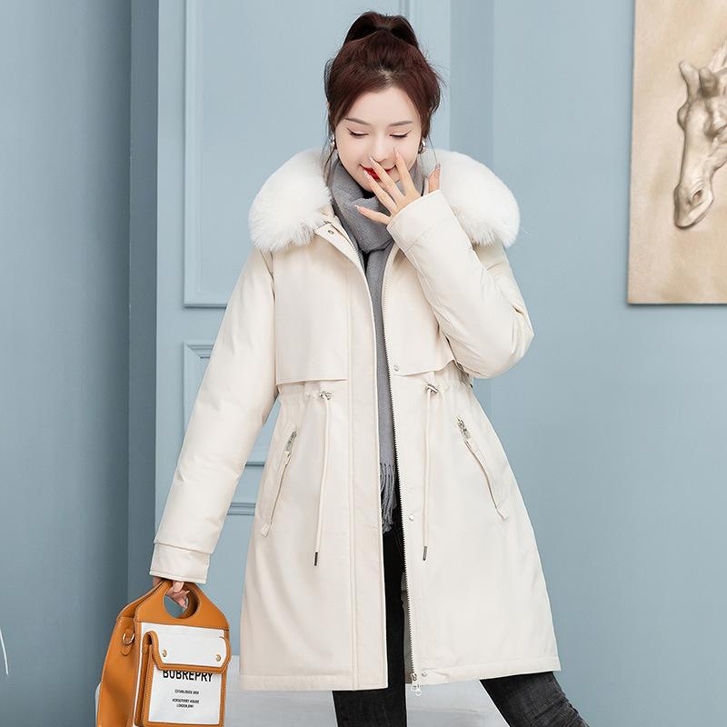 Mid-length Hooded Plus Wool Collar Down Cotton Coat for Women's Parka New Loose Fashionable and Versatile Slimming Cotton Coat