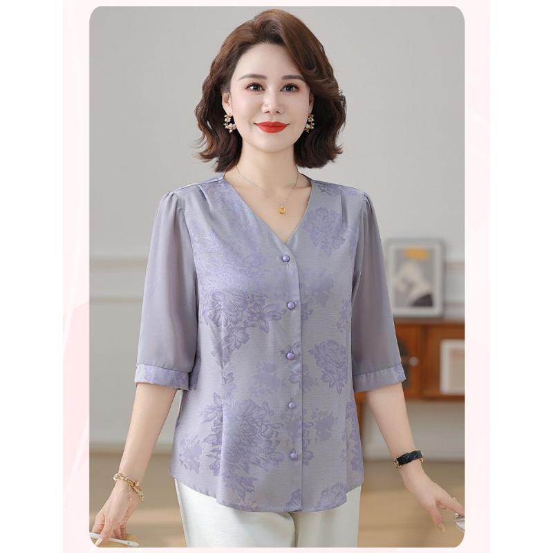 Women's Peach Floral Blouse V-Neck Half-Sleeve Elegant Casual Top