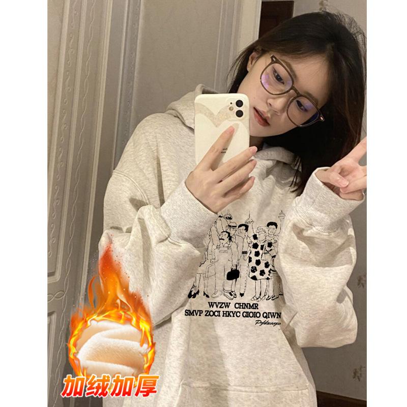 2025 New Guochao Printed Hooded Sweater Women's Autumn and Winter Heavy Couple Men's Fleece Thickened Jacket