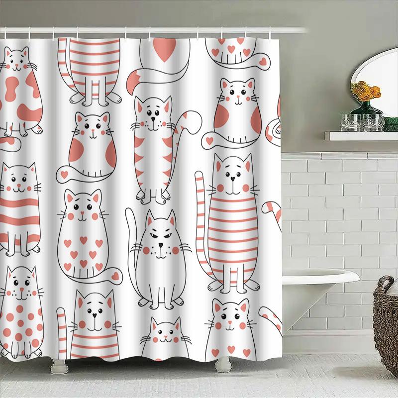 Cat Print Shower Curtain Striped Pink Hearts Pattern Waterproof Fabric Waterproof Bath Rugs Decor For Home Decoration