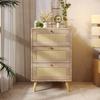 Modern Nightstand Side Table with 2 Drawers Rattan Front Oak Grain Solid Wood Legs Bedroom Small Spaces Bedside Table Natural Square Accent Table
