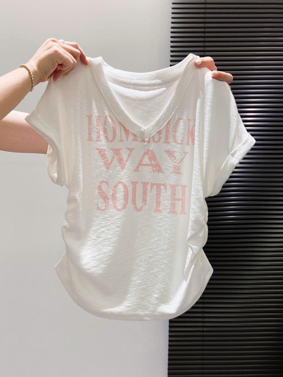 Letter print V-neck front shoulder short-sleeved T-shirt women s summer new slim-fitting and thin Spice Girl pleated waist short top M