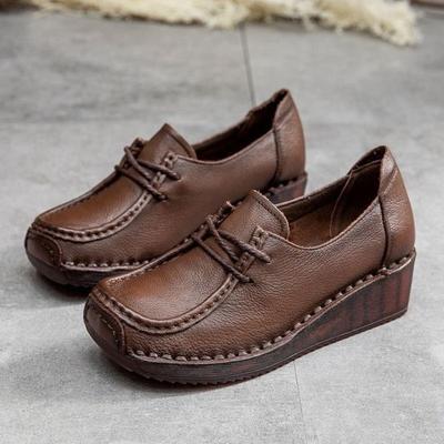 Cowhide Muffin with Thick Platform and Soft Platform Mother Shoes Spring and Autumn Vintage Single Shoes with Tendon Bottom