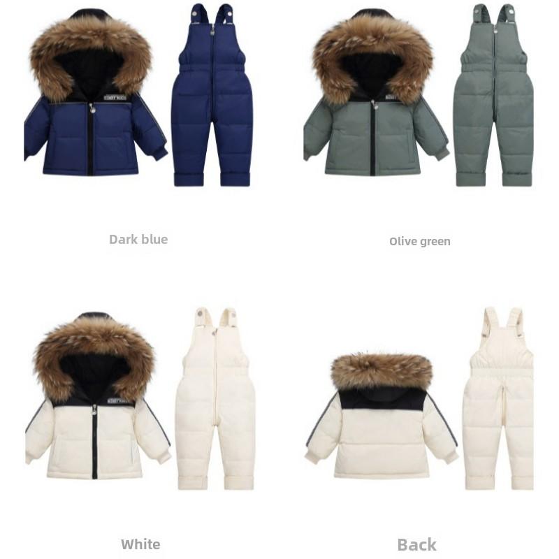 Baby Down Jacket with Real Raccoon Fur Collar, Thickened Coat, Cold-proof Suit, Detachable Crotch Overalls