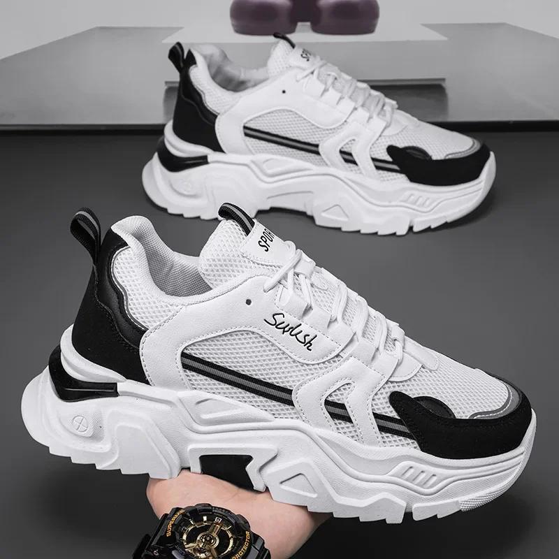 

Men Casual Tenis Breathable Vintage White Sneakers Autumn Popular Thick Bottom Trendy Shoes for Motorcycle Zapatillas De Deporte 44 чёрный
