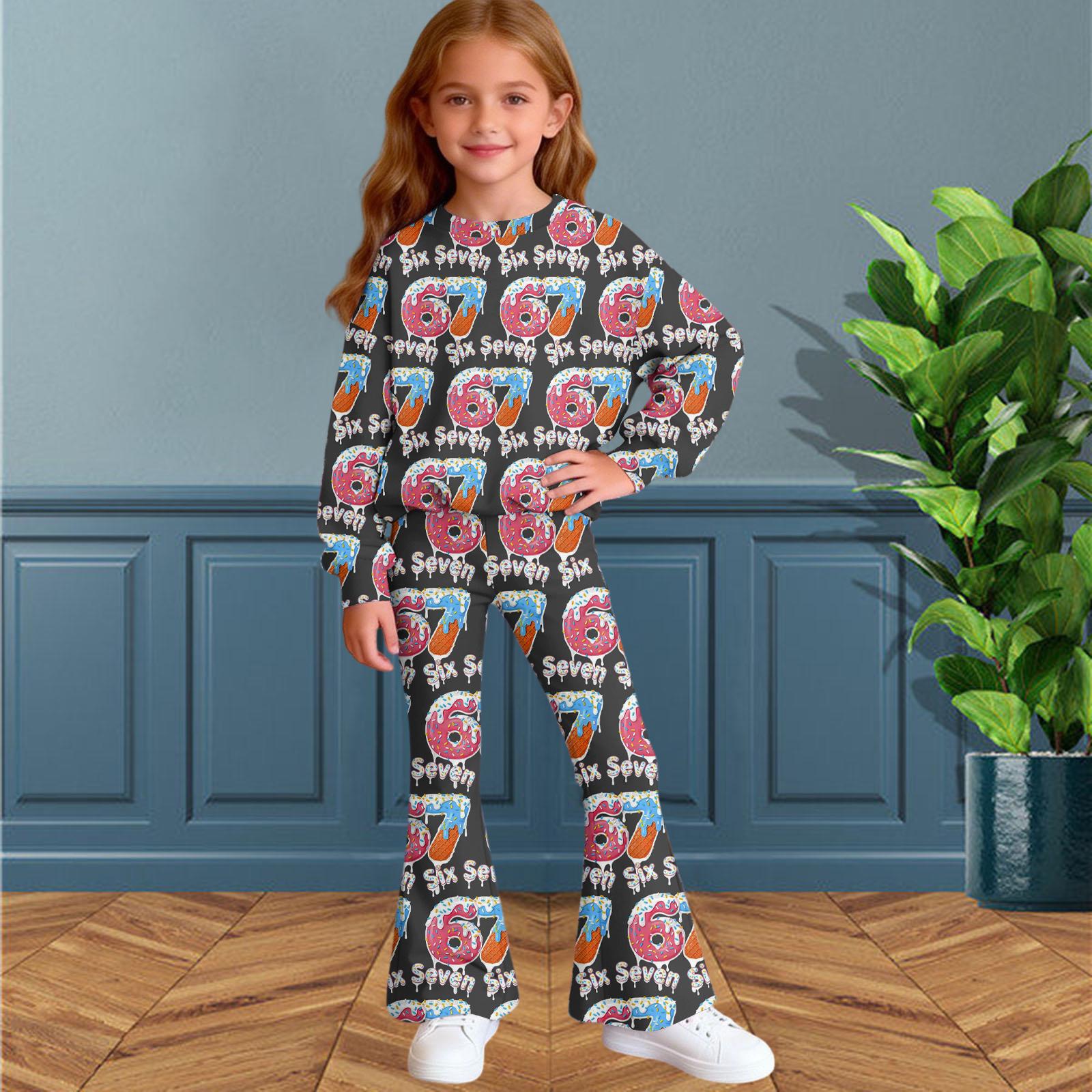 

Children s Long Sleeved Digital Printed Loose Casual Fashionable Round Neck Top Pants Two-piece Set 160 білий