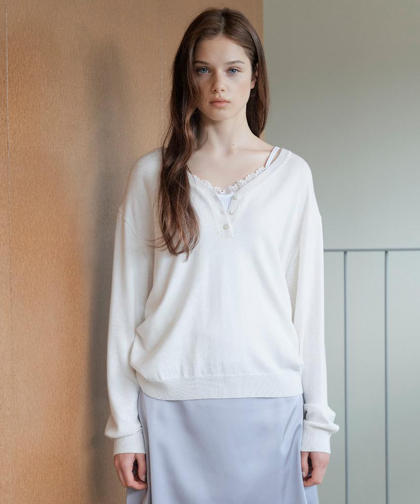 AAU V-Neck Button Knit_Ivory