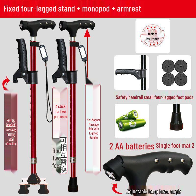 Four-Legged Aluminum Walking Cane with Light, Non-slip, Telescopic, Lightweight, Multi-functional Support for the Elderly