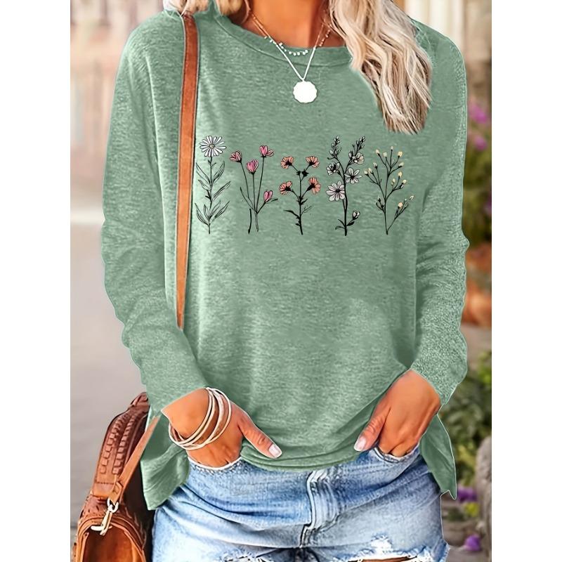 Women's casual floral print round neck long sleeve casual loose top T-shirt