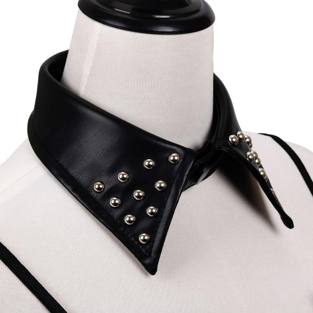 Abnehmbarer schwarzer Leder-Fake-Kragen Pu Punk-Stil Kragen Cooler Nietenkraggen Layering-Teil