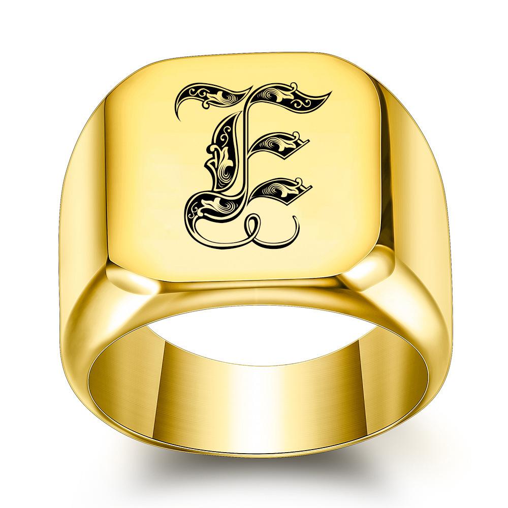 Europe, America 26 personalized English initials titanium steel ring male retro punk square 14MM gold trendy male wholesale