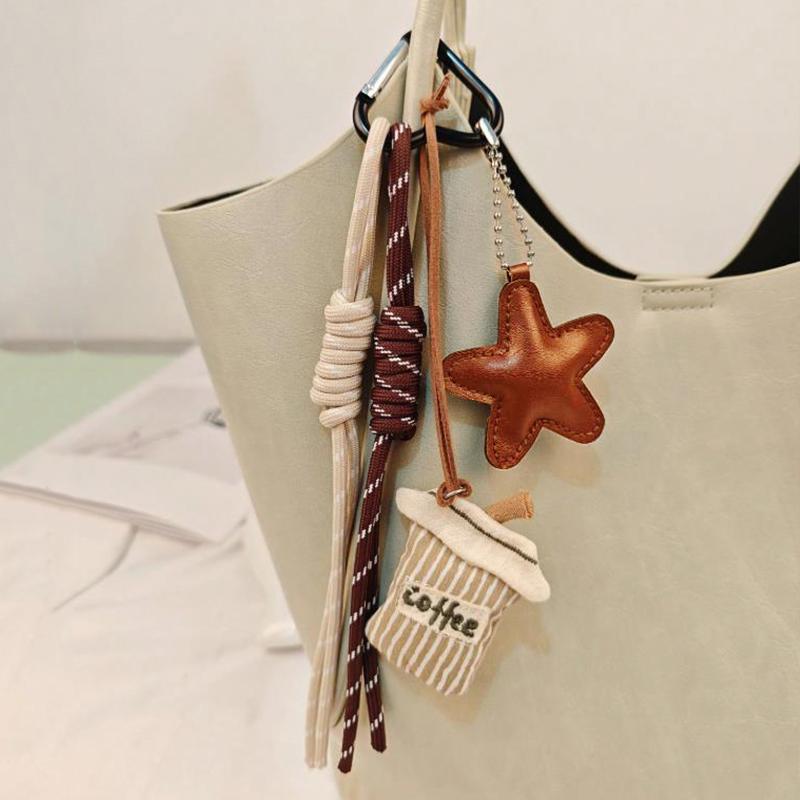 Kawaii Cartoon Linen Embroidery Coffee Bread Keychain Leather Heart Pendant Bag Charm Car Keychain Couples Bag Pendant Accessori