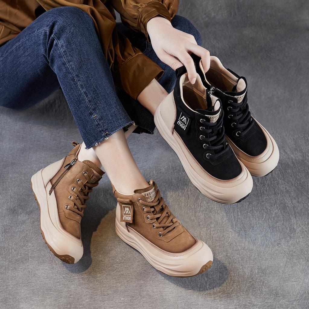Genuine Leather Thick-soled Color-blocked Ankle Boots Lace-up Sports Casual Shoes High-top Fashion Sneakers
