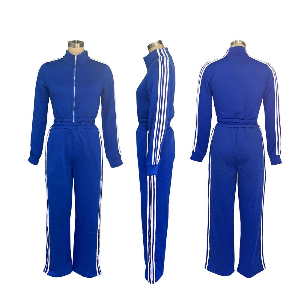 Kadın Set Uzun Kollu Çizgili Sweatshirt+Düz Pantolon Sonbahar Sokak İki 2 Parça Setler Kıyafetler Spor Giyim