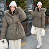 Large Fur Collar Belt Down Cotton Jacket for Women Winter Waist Belt Slimming Thick Sweet Coat
