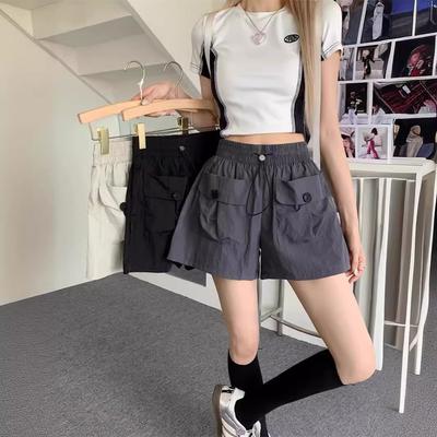 Drawstring Elastic High Waist Slim Work Pants for Women's Summer Small Casual Loose Straight Wide-leg Shorts
