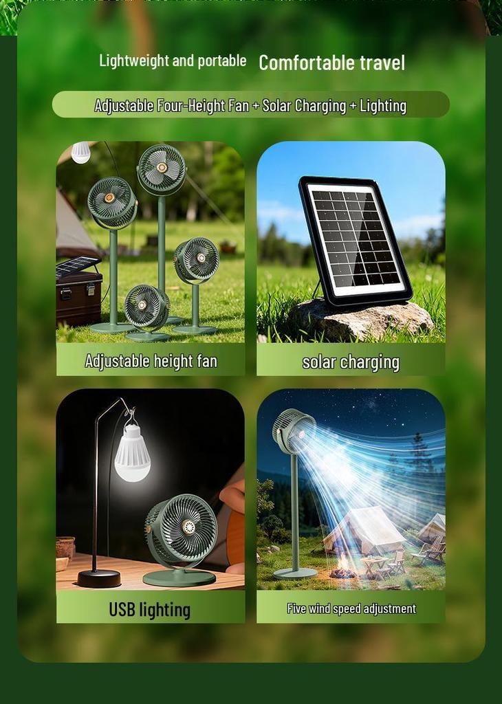 Solar Retractable Floor Fan with USB & LED Lighting for Indoor/Outdoor Use