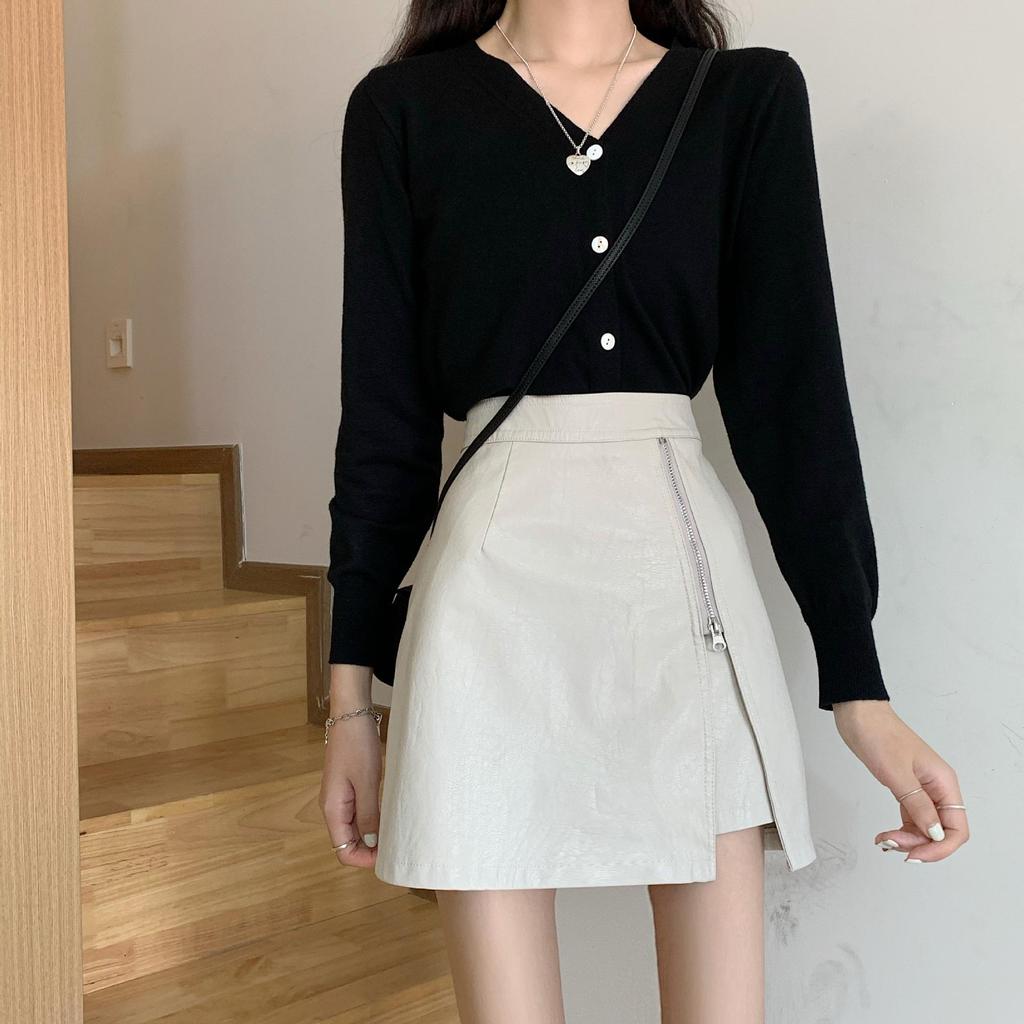 High Waist Korean Style PU Leather A-line Skirt - Autumn/Winter Short Hip Wrap