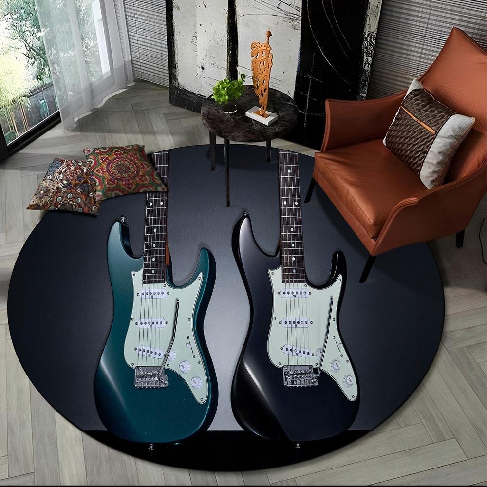 Elektrische Gitarre Klassische Gitarre Runder Teppich für Wohnzimmer Schlafzimmer Kinderzimmer Dekoration, Haustierbereich Teppich Rutschfeste Bodenmatte