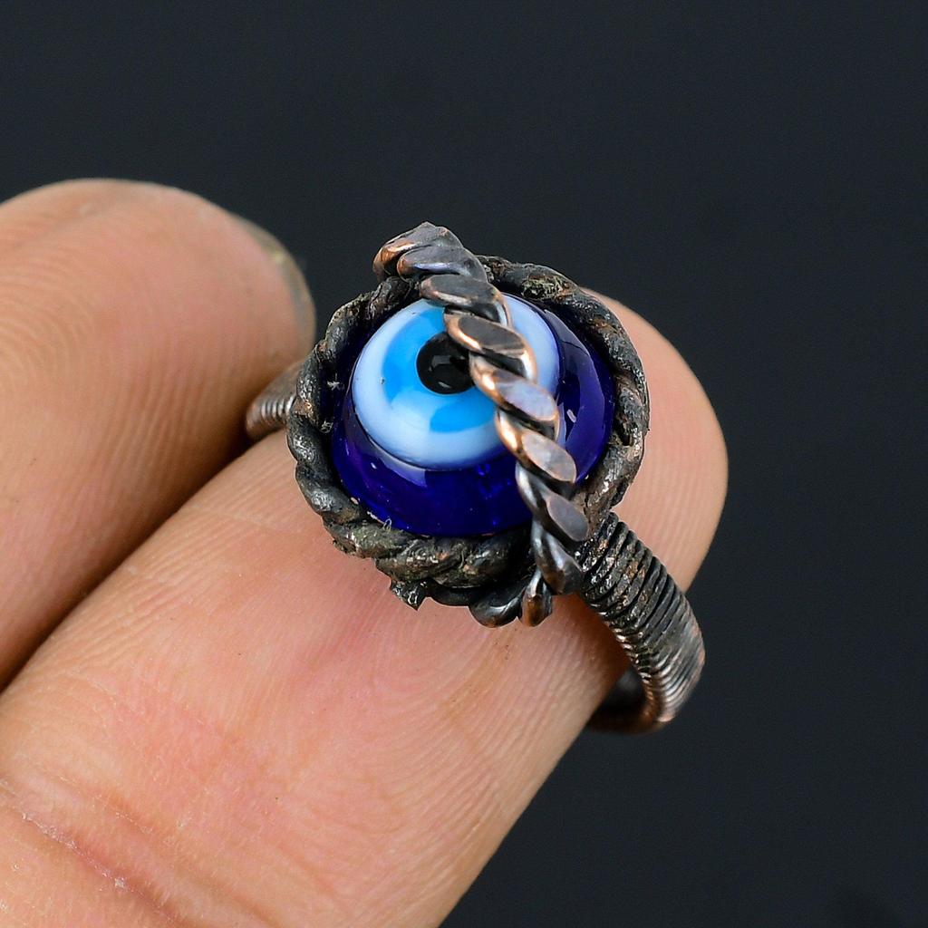 Blauer Evil Eye Edelstein Kupferdraht gewickelt handgefertigter Schmuckring für Sie alle Größen