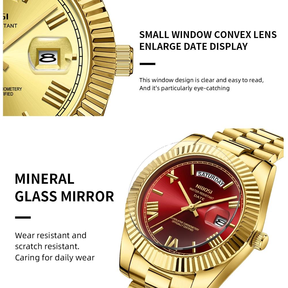 Luksuriøst Gullrødt Kvartsur for Menn Rustfritt Stål Vanntett Selvlysende Dato Uke Mote Herreklokker Reloj Hombre