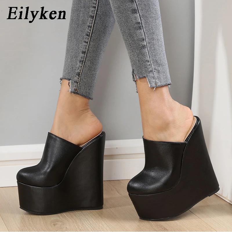 Fashion Eilyken 2025 New Arrival Platform Wedge Round Head Pumps Slippers Summer Woman Sexy Super High Sandal Shoes Black 35-42