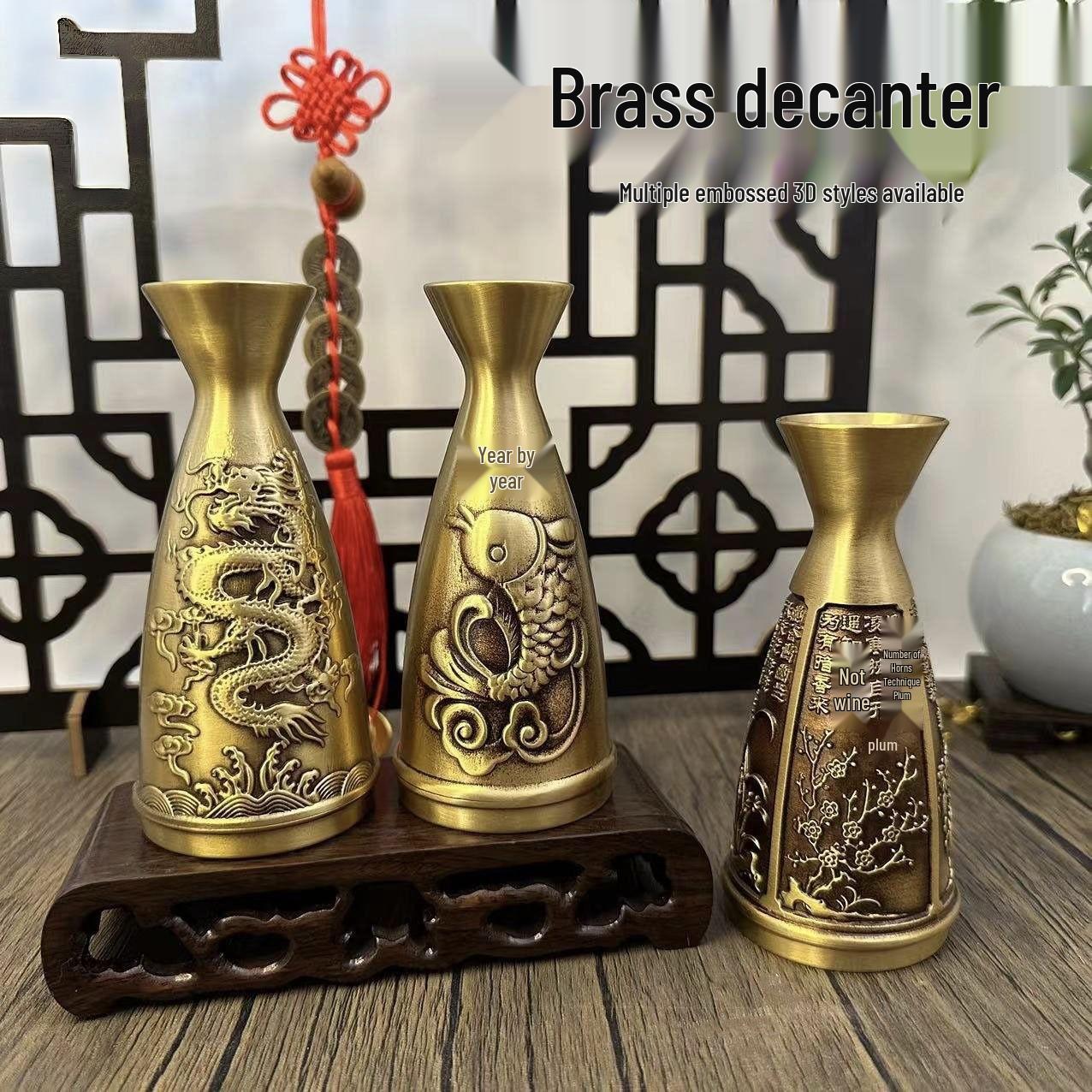 Brass Wine Decanter & Cup Set with Plum, Orchid, Bamboo, Chrysanthemum Design - Creative Copperware Ornament & Storage Container Hundred Blessings Goblet