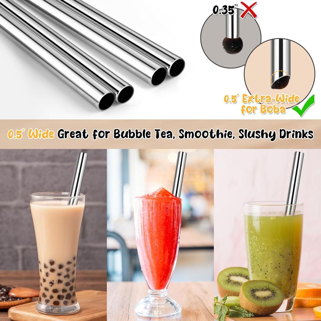 NiHome 6-Pack Stainless Steel Straws for Boba Smoothie, 0.5'' Extra Wide Reble Metal Straw, 10.5’’ Long Straight Drinking Straws for Bubble Tea