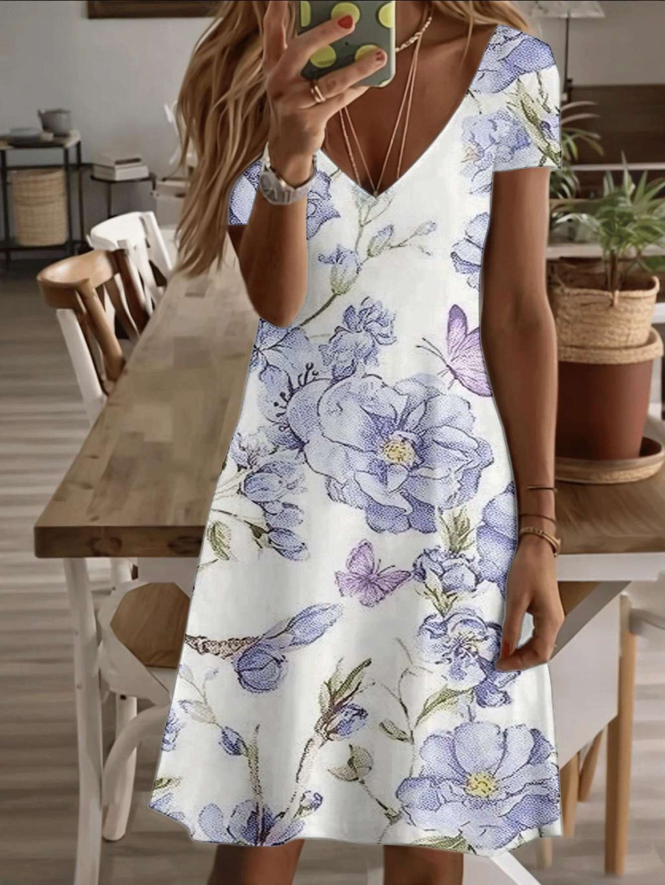 

Vneck shortsleeve midi dress floral butterfly print pattern 3D premium printing durable casual fashion elegant summer ladies dress breathable soft fab XS дубильная кора
