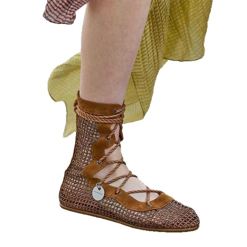 2025 autumn new niche cross-strap mesh breathable shallow mouth single shoes women's leather lace-up Mary Jane shoes women's