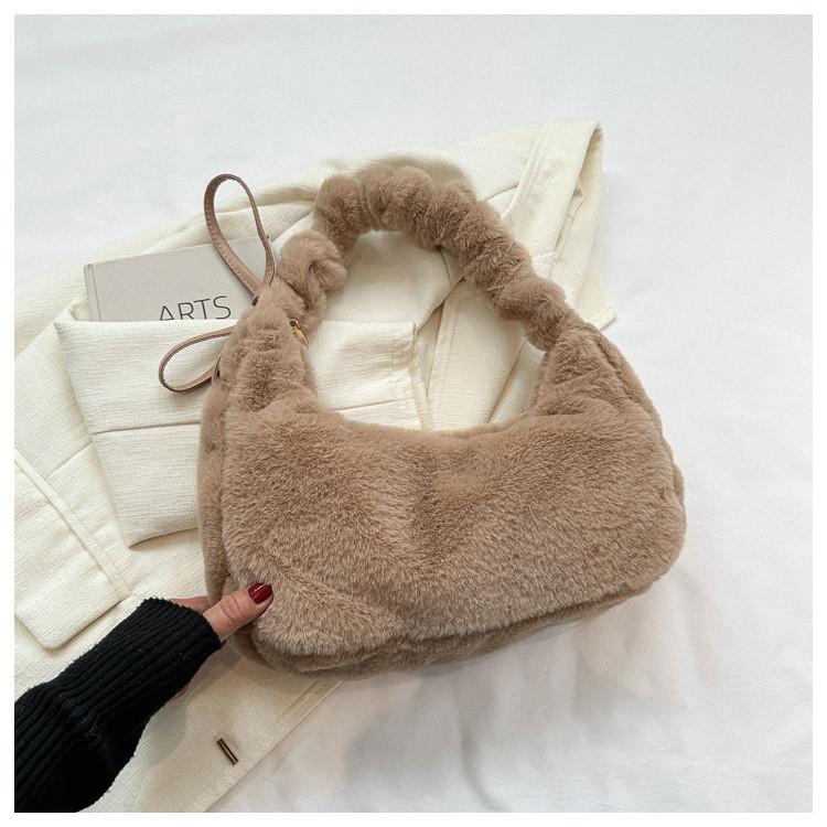 Solid Color Bow Decoration Plush Shoulder Bag With Zipper Closure For Daily Use