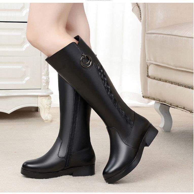 Boots Women's Soft Leather Coarse Heel New Women's Boots Fleece Knight Boots Skinny Over Knee Boots Women's Flat Casual Leather Boots