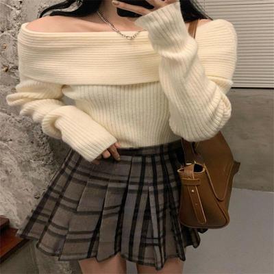 Off-Shoulder Strickpullover Damen Langarm Elegant Pullover Frühling 2026 Einfarbige Mode Sexy Y2k Kleidung Oberteile Koreanisch
