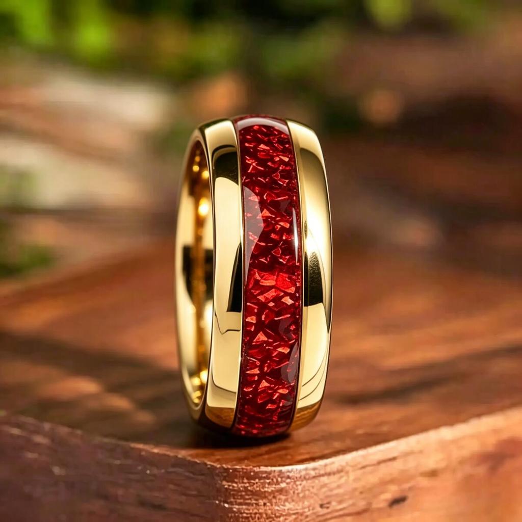 Fashion 8mm Men Stainless Steel Rings Gold Color Brushed Red Pomegranate Inlay Rings for Men Wedding Jewelry Christmas Gift