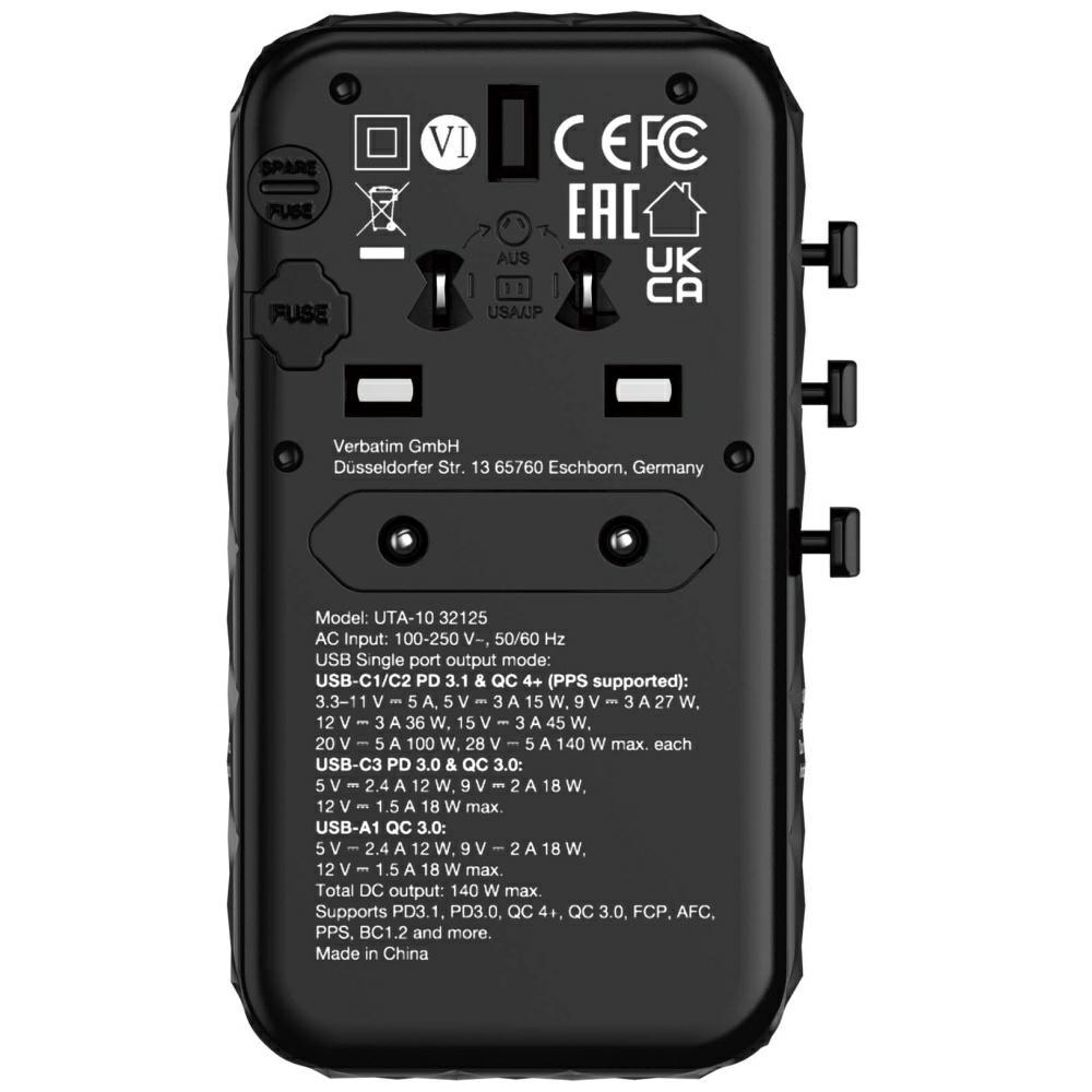 Verbatim Adapter Podróżny Eu/Uk/Us Ganusb-A/3Xusb-C Pd 140W Uta-10 Czarny/Black 32125