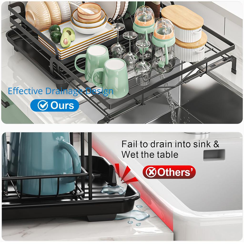 Dish Drainer Rack, Expandable Dish Drying Rack with Cutlery Holder and Swivel Drainage Spout, Dish Rack for Kitchen Counter