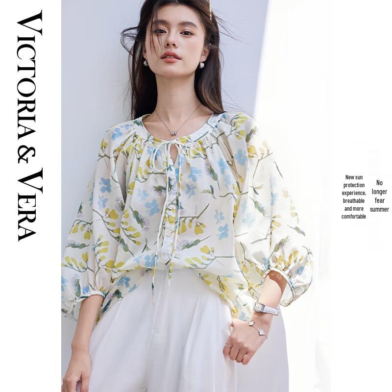 VICTORIA&VERA Women s Floral Print Tie-Front Mid-Sleeve Blouse XL