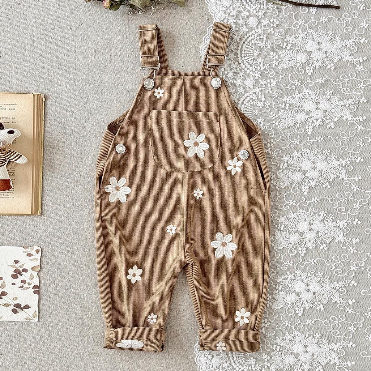 Frühling/Sommer Mädchen Cord-Latzhose mit gestickten Blumen - Lockerer Overall für Babys. gray