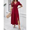 Summer Women's Dress Temperament Solid Color V-neck Short-sleeved Long Dress